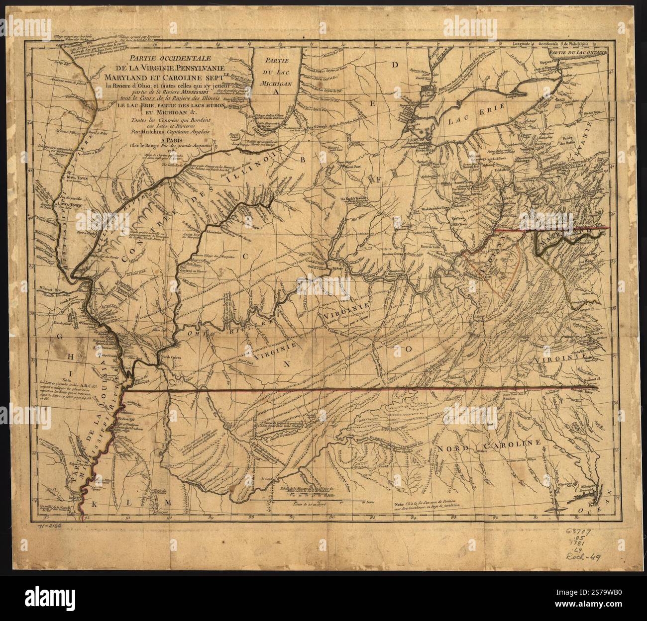 Partie occidentale de la Virginie, Pensylvanie, Maryland, et Caroline Septle. la rivière d'Ohio, et toutes celles qui s'y jettent, partie de la Rivière Mississippi, tout le cours de la rivière de Illinois, le Lac Erie, partie des Lacs Huron et Michigan &. Toutes les contrées qui bordent ces lacs et rivières, 1781 von Le Rouge Georges-Louis., Hutchins Thomas Stockfoto
