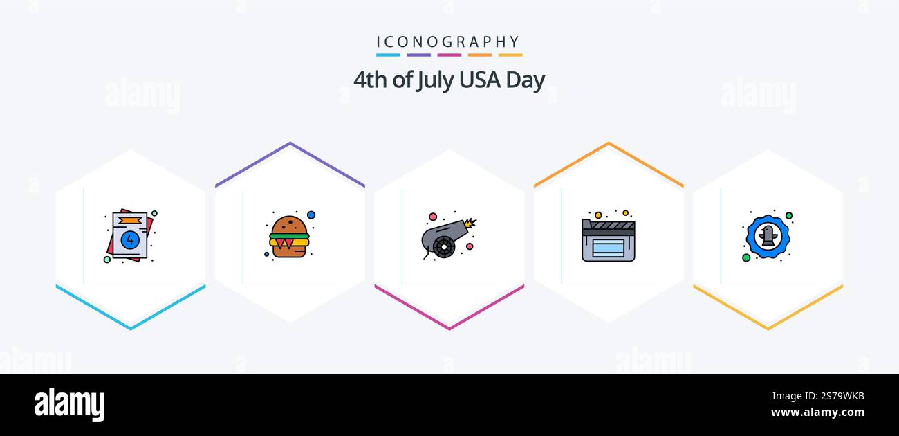 USA 25 FilledLine Icon-Paket inklusive Feier. amerikaner. Die Armee. Film. Kino Stock Vektor