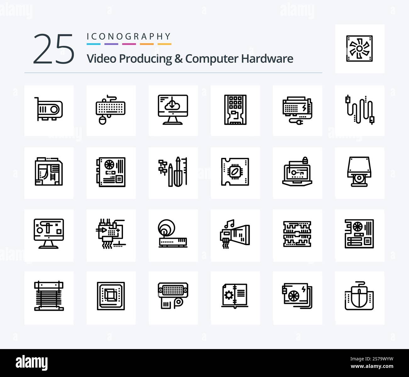 Videoproduktion und Computer-Hardware 25-Reihe Symbolpaket einschließlich Feststoff. Fahren. Veraltet. Festplatte. Installieren Sie Stock Vektor