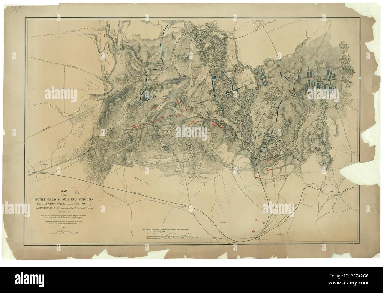 Karte des Schlachtfeldes von Bull Run, Virginia. Brig. General Irvin McDowell kommandiert die US-Streitkräfte, General G. [d. h. P.] T. Beauregard kommandiert die konföderierten Truppen, 21. Juli 1861 1877 durch die Vereinigten Staaten. Armee. Corps of Engineers., Julius Bien & Co. Stockfoto