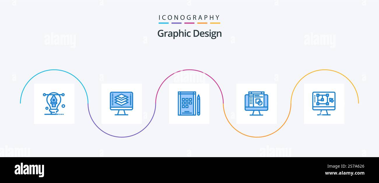5 Icon Pack mit Grafikdesign in Blau, einschließlich Verbesserung. Verringern. Buch. Computer. Grafikeditor Stock Vektor