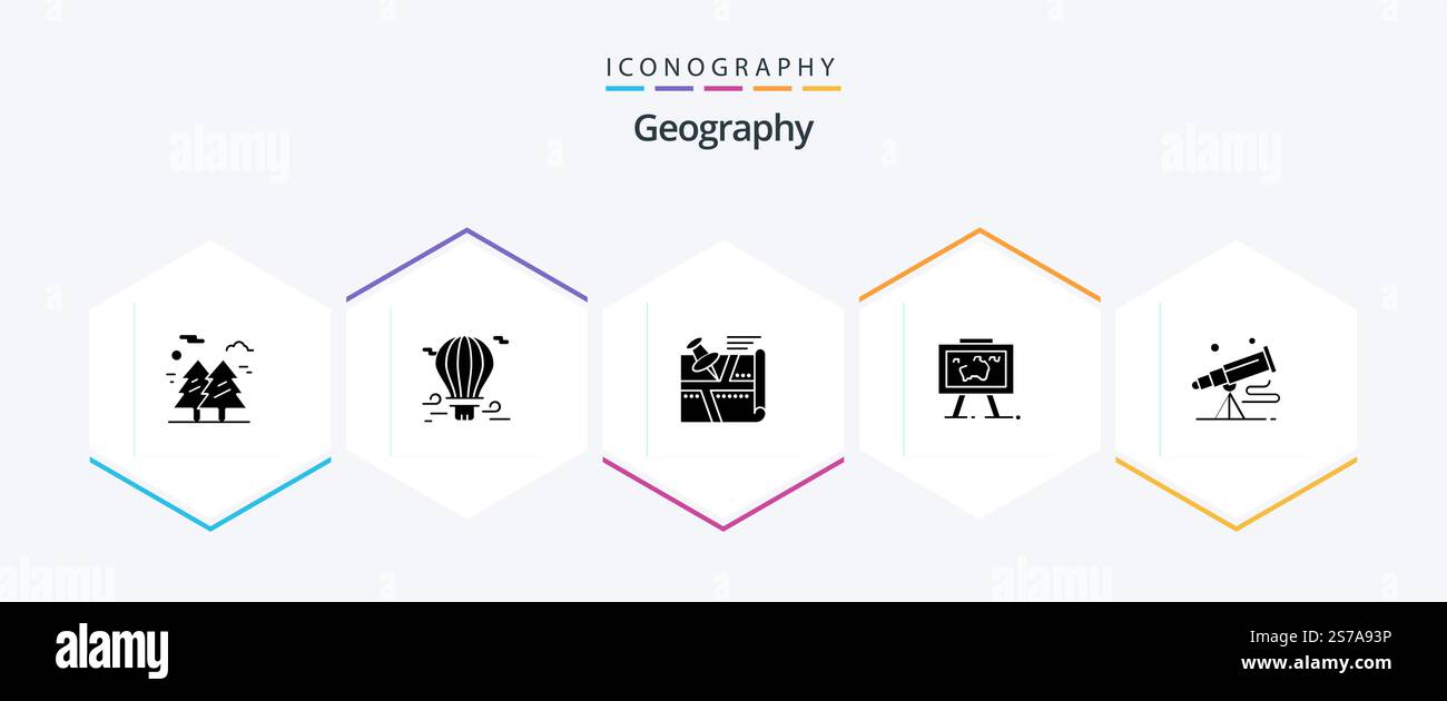 Geo Graphy 25 Glyph Icon Pack mit Hang. Präsentation. Luftballon. Karte. Position Stock Vektor
