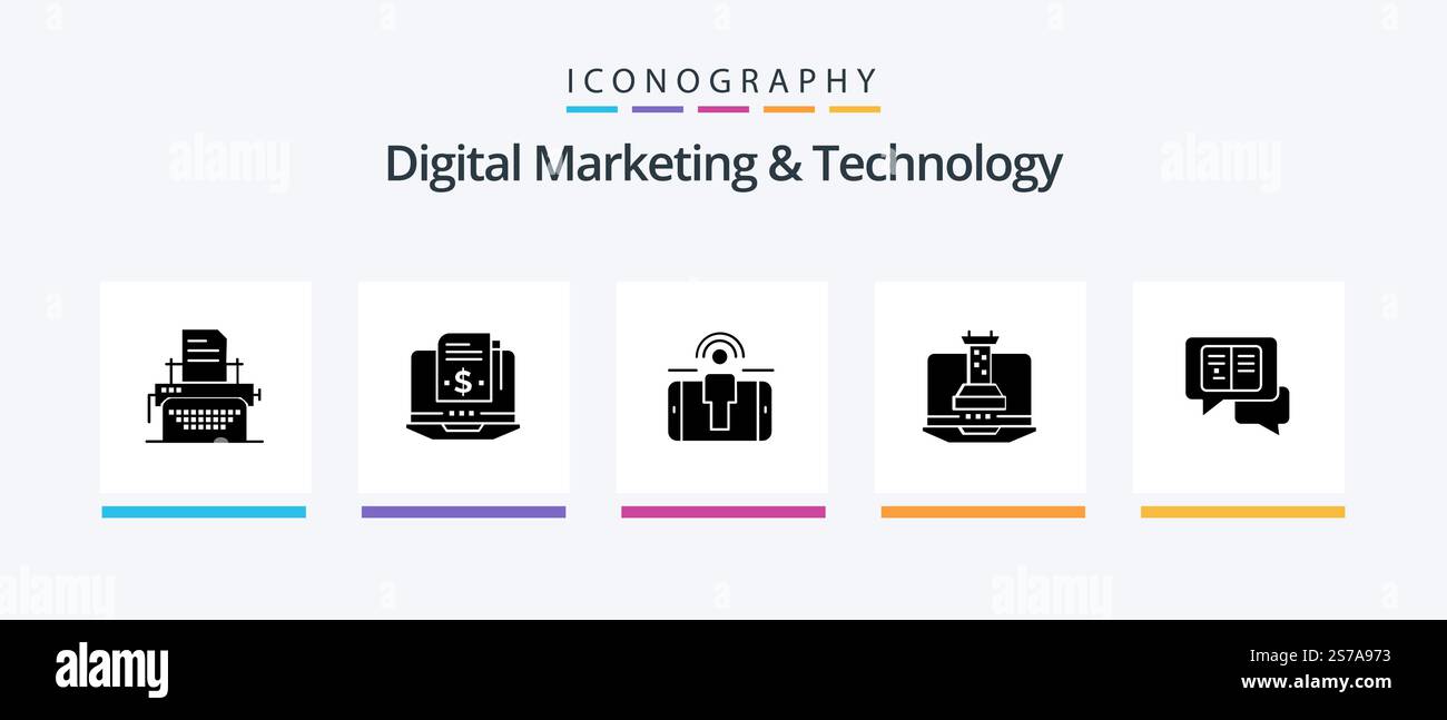 Digitales Marketing und Technologie Glyph 5 Icon Pack mit Botschaften. Marketing. Verlobung. Diktalstrategie. Digital. Kreatives Symboldesign Stock Vektor