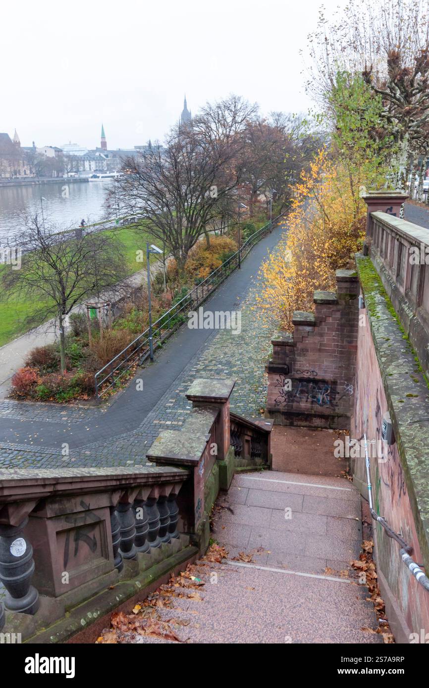 Ein Blick auf eine Steintreppe, die zum Maindamm in Frankfurt am Main führt, mit Wanderwegen, Bäumen mit Herbstlaub und Stockfoto