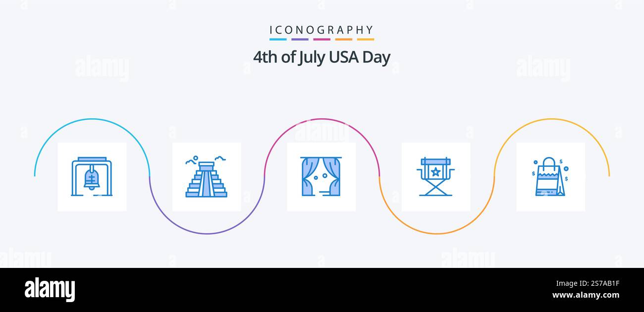 USA Blue 5 Icon Pack mit Tasche. Stern. Unterhaltung. Filme. Stuhl Stock Vektor