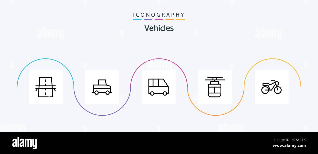 Fahrzeugreihe 5 Icon-Paket einschließlich Motorrad. Transport. Lieferwagen. Straßenbahn. Luft Stock Vektor