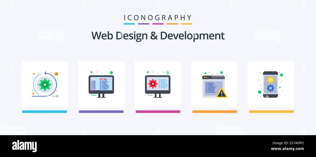 Web Design and Development Flat 5 Icon Pack inklusive Entwicklung. Anw. Kodierung. Fehler. Achtung. Kreatives Symboldesign Stock Vektor