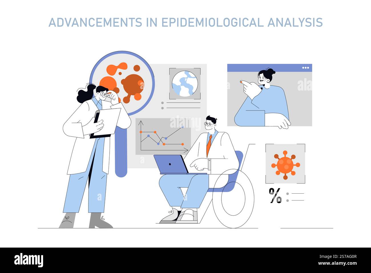 Epidemiologisches Forschungskonzept. Wissenschaftler analysieren Daten über Krankheiten anhand von Statistiken und globalen Informationen. Moderne Untersuchungsszene im Gesundheitswesen. Vektorabbildung. Stock Vektor