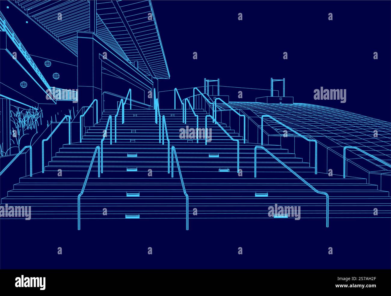 Blaues Bild eines Stadions mit Treppe und Geländer. Das Bild ist blau und hat ein futuristisches Gefühl Stock Vektor