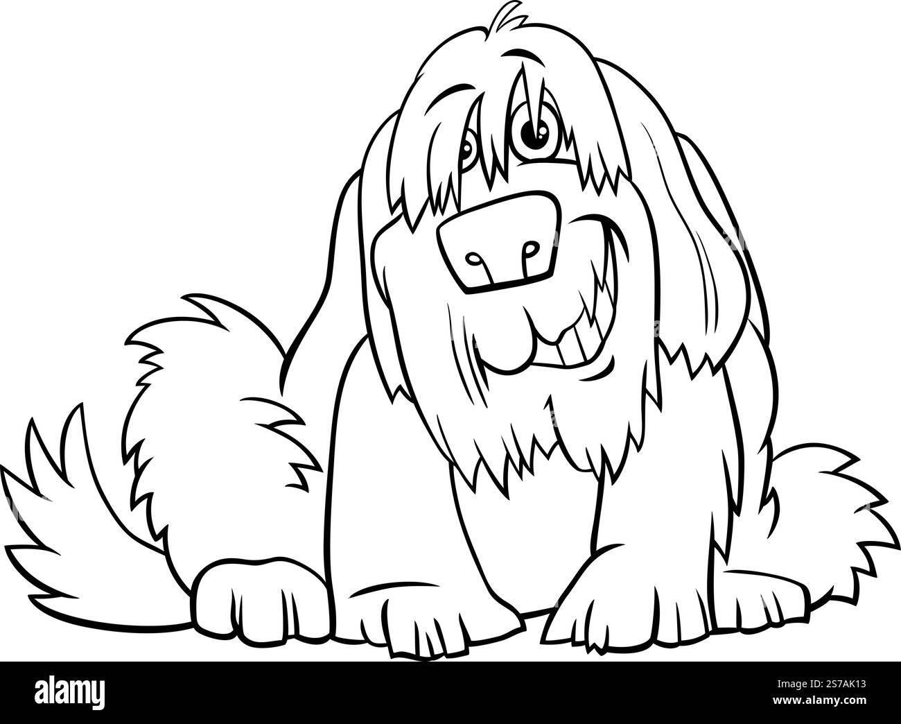 Zeichentrickillustration der lustigen zotteligen Hund Comic Tierfigur Ausmalseite Stock Vektor