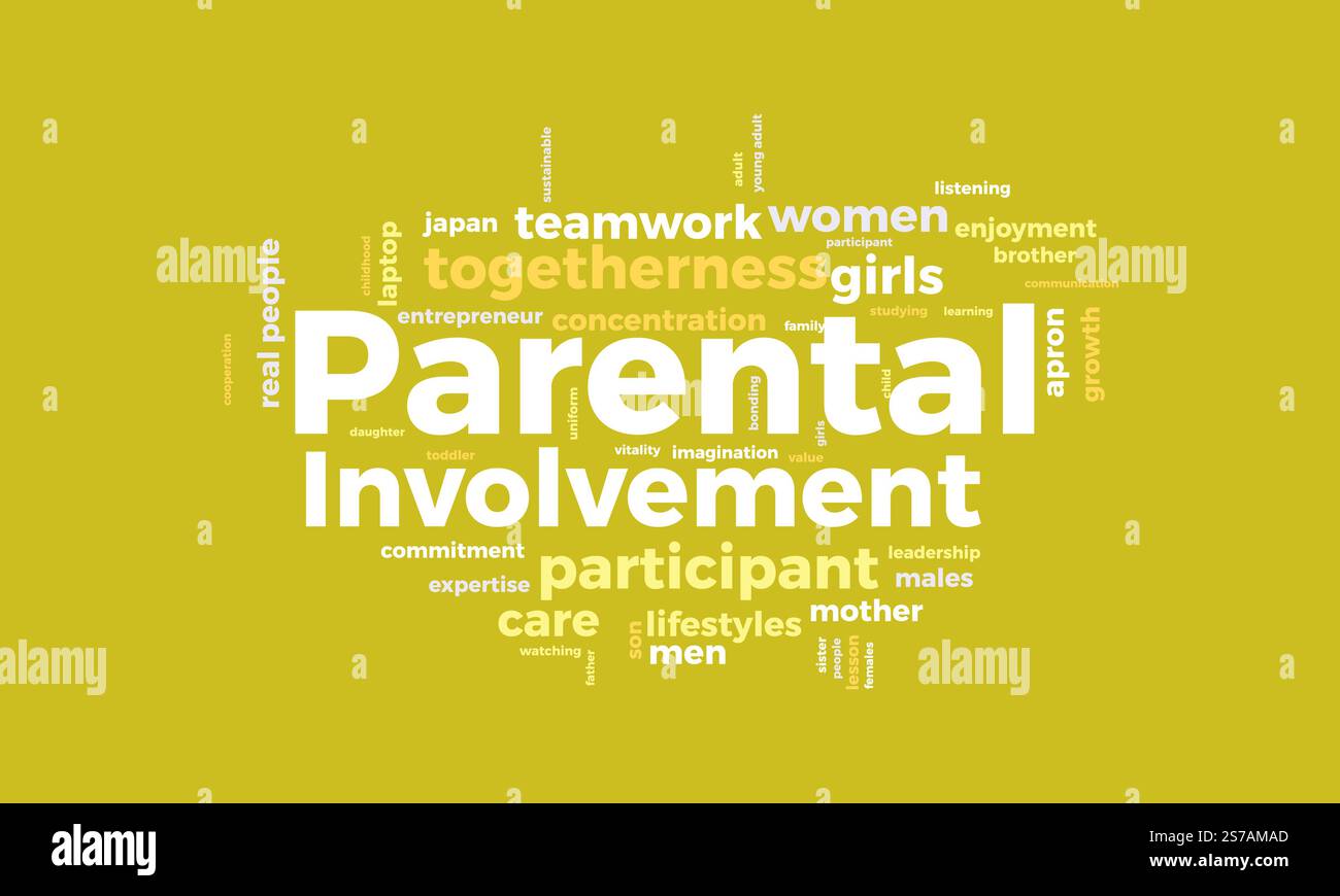 Word Cloud-Vorlage für die Beteiligung von Eltern. Vektor-tagcloud-Hintergrund des Konzepts der elterlichen Beteiligung. Vektorabbildung. Stock Vektor