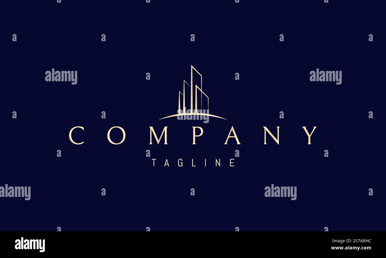 Goldenes Vektor-Logo mit abstraktem Bild einer modernen Stadt am Horizont. Stock Vektor