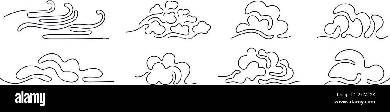 Wolken im Himmel. Abstraktes Set in einfachem linearen Design. Vektorillustration. Bewölktes Wetter, Meteorit Stock Vektor