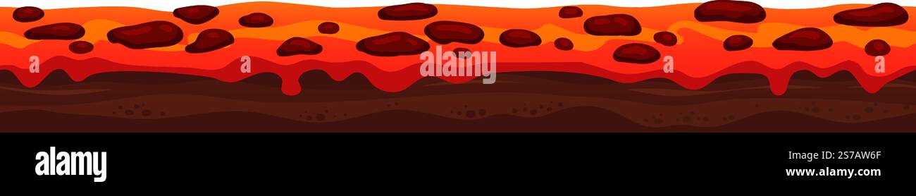 Nahtlose horizontale Vektor-Illustration, die heiße Lava zeigt, die über dunklem Boden fließt, umgeben von Felsen, und eine beeindruckende und dynamische Szene, die gefüllt ist Stock Vektor