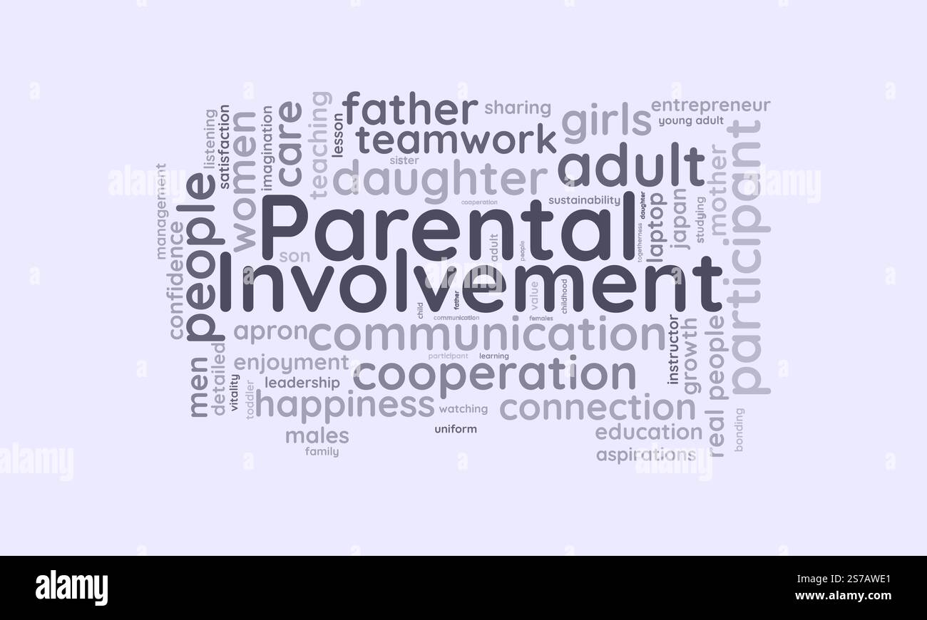Word Cloud-Vorlage für die Beteiligung von Eltern. Vektor-tagcloud-Hintergrund des Konzepts der elterlichen Beteiligung. Vektorabbildung. Stock Vektor