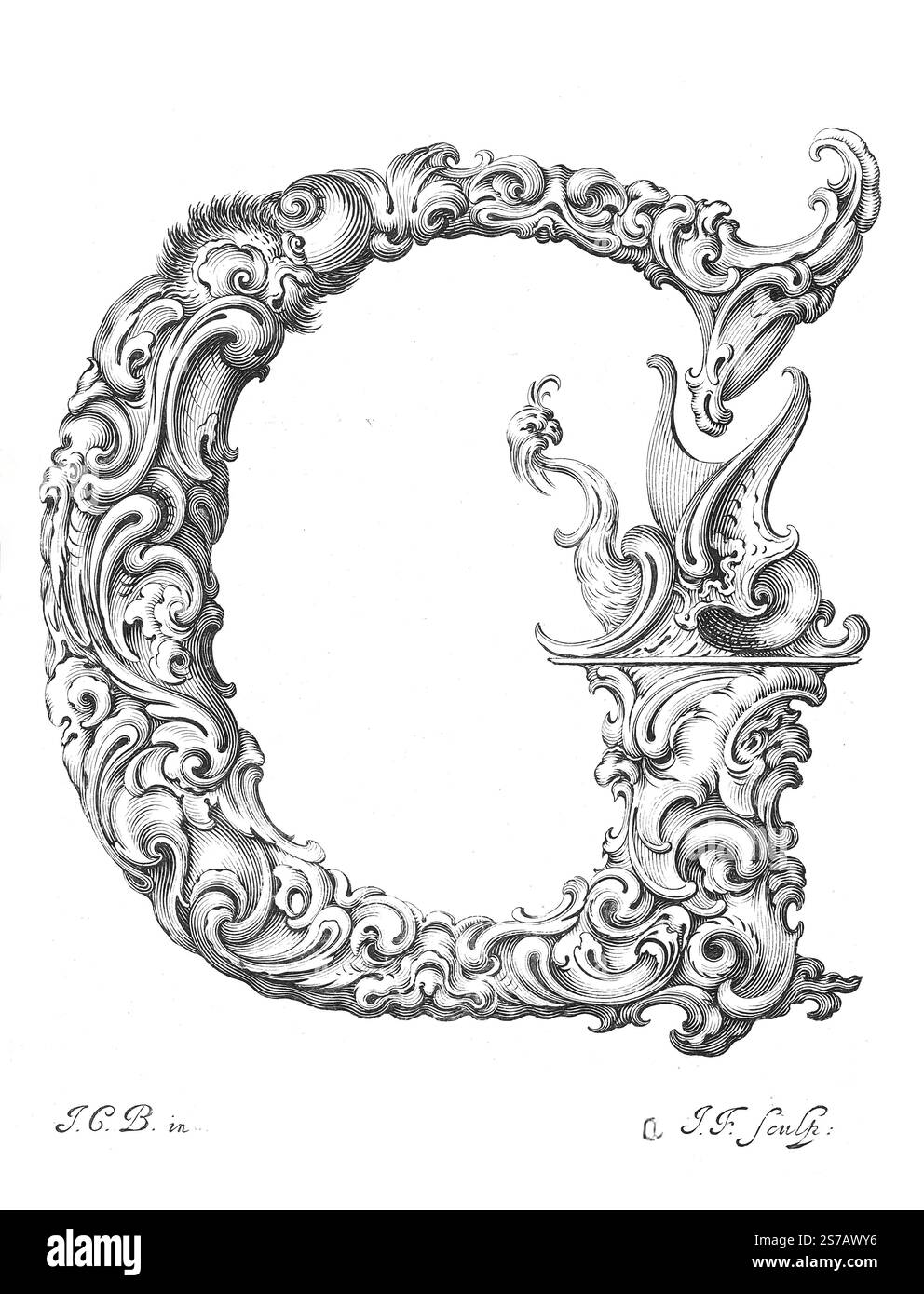 Lithographischer Druck. Brief G - Jeremias Falck Stecher, nach Johann Christian Bierpfaf, um 1645-50. Libellus Novus Elementorum Latinorum Stockfoto