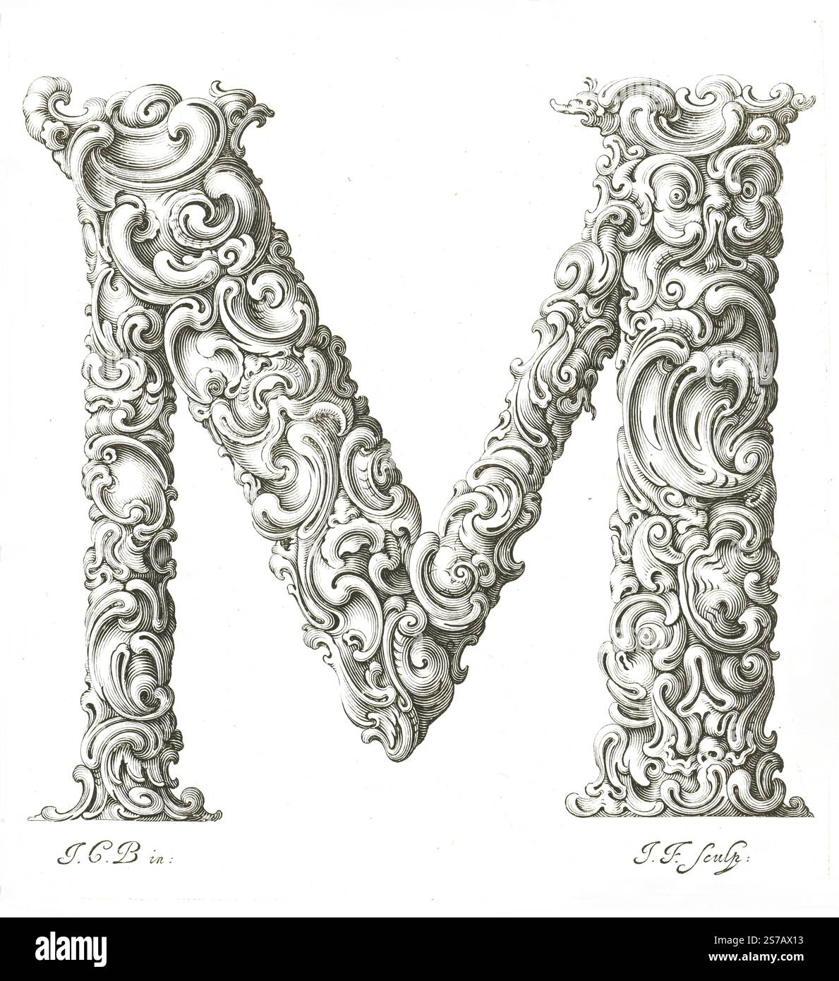 Lithographischer Druck. Brief M - Jeremias Falck Stecher, nach Johann Christian Bierpfaf, um 1645-50. Libellus Novus Elementorum Latinorum Stockfoto