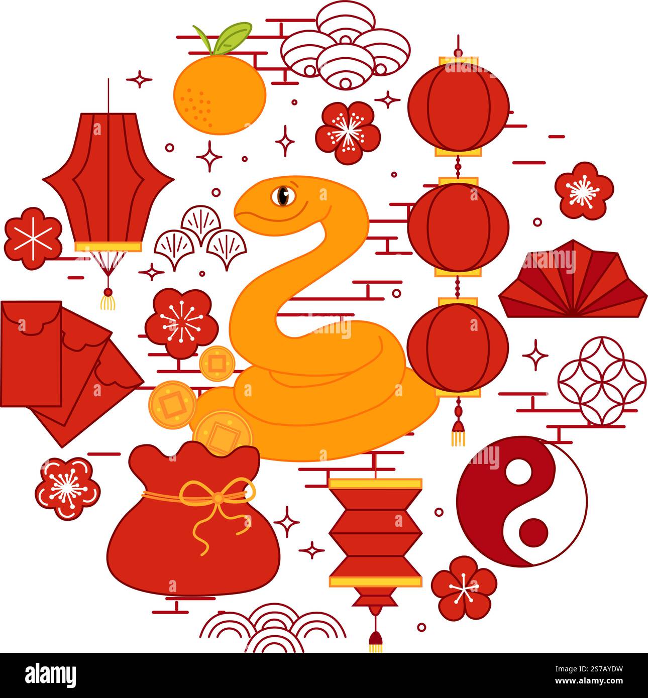 Chinesisches Jahr der Tierkreisschlange 2D-Illustrationskonzept. Grafische Linie Vektor Schlange CNY Laterne Festival runde Komposition. Schlangenreptil. Neujahr anim Stock Vektor