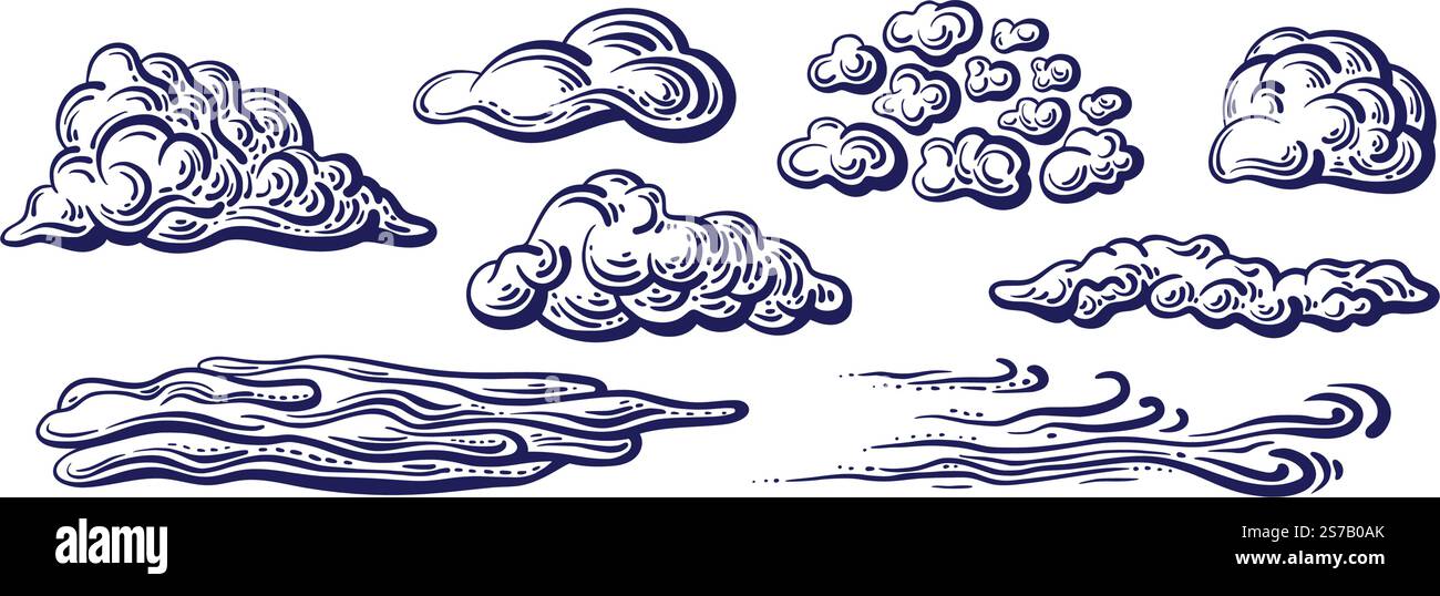 Skizzenset Wolken. Vektor-Doodle-Illustration, handgezeichnete grafische Elemente. Bewölktes Wetter, Meteorit Stock Vektor
