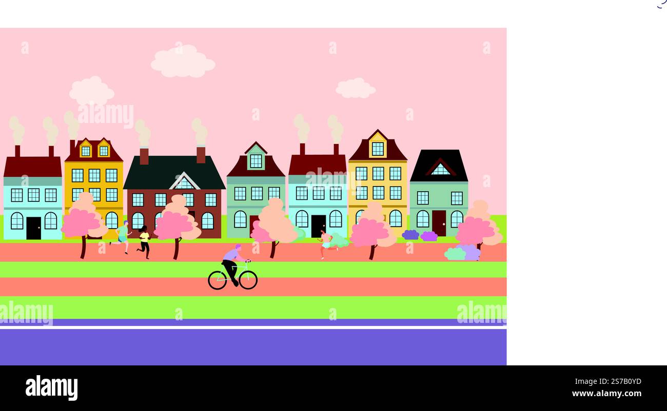 Stadtleben flache Vektor-Illustration. Menschen gehen, laufen, Radfahren und verbringen Zeit in einem öffentlichen Park vor einem urbanen Stadtbild. Wochenende außerhalb Stock Vektor
