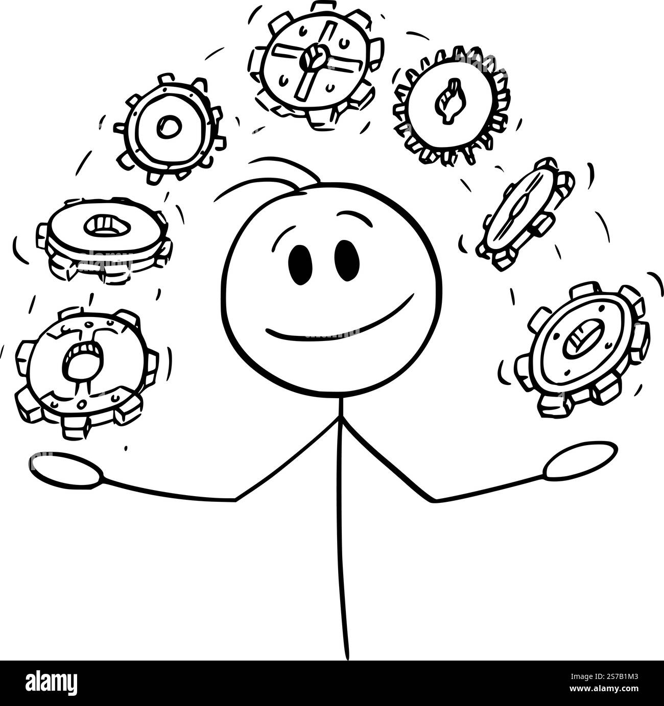 Person jongliert mit Zahnrädern oder Zahnrädern, die technische Lösung, Vektor-Cartoon-Stabfigur oder Charakterillustration anbieten. Stock Vektor