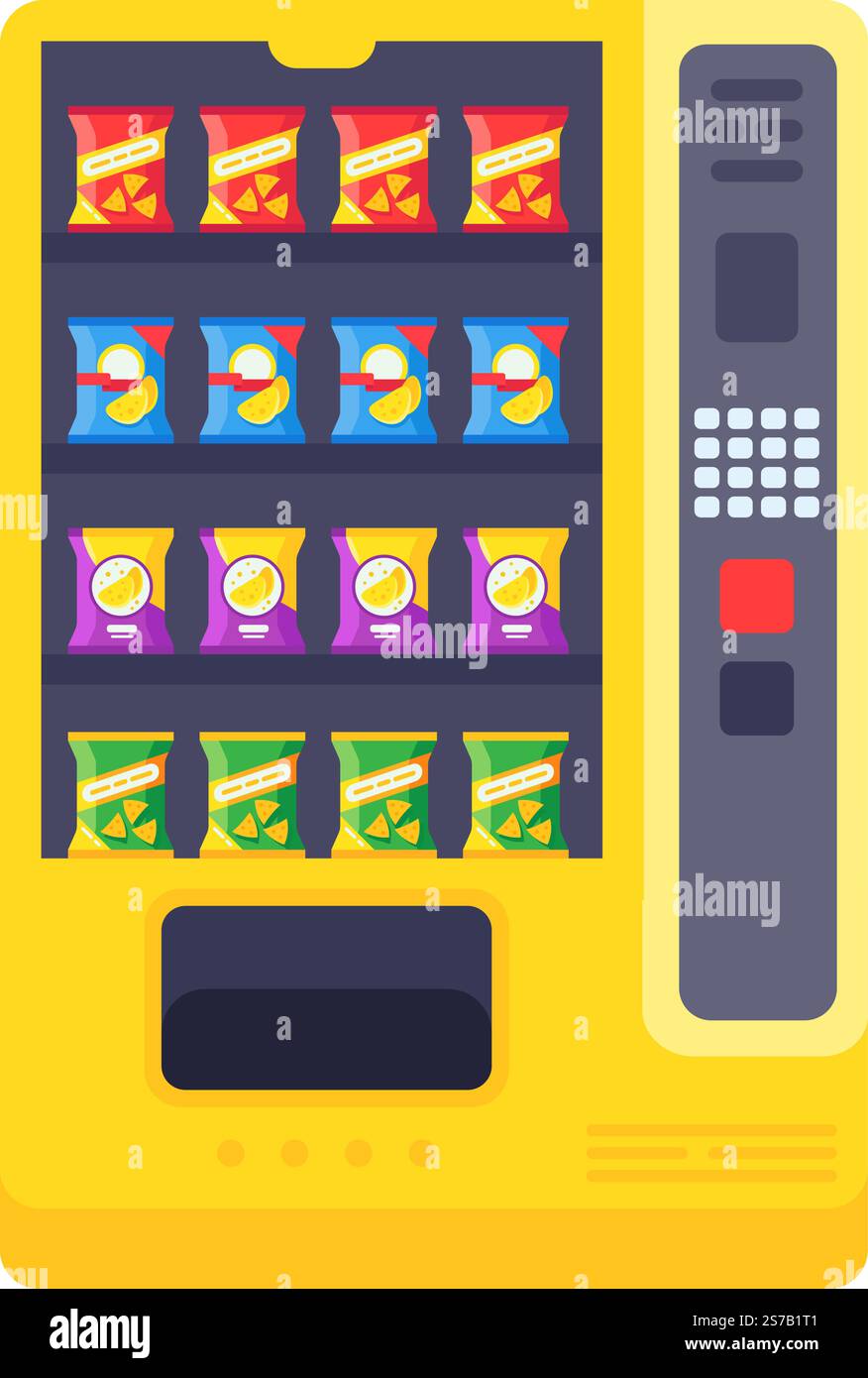 Verkaufsautomat mit einer großen Auswahl an bunten Chips-Taschen, Digitalanzeige und Tastatur für Auswahl, die einen praktischen Snackin bieten Stock Vektor