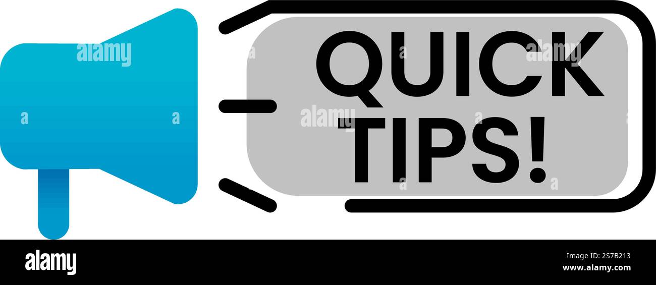 Blaues Megaphon sendet schnelle Tipps, die leicht zugängliche und hilfreiche Ratschläge für eine effiziente Problemlösung und Wissensverbesserung symbolisieren Stock Vektor