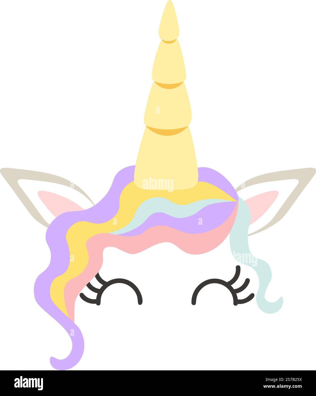 Das bezaubernde Einhorngesicht mit goldenem Horn, pastellfarbener Mähne, geschlossenen Augen mit langen Wimpern und spitzen Ohren sorgt für einen wunderbaren Charme Stock Vektor