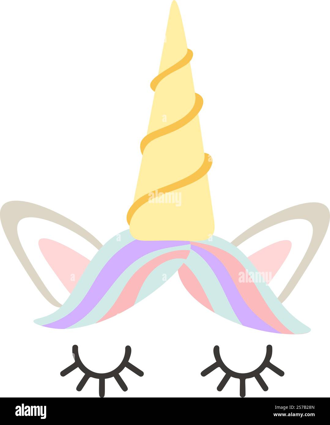 Niedliches Einhorngesicht mit geschlossenen Augen, einer pastellfarbenen Mähne, die anmutig fließt, spitzen Ohren nach oben und einem spiralförmigen Horn, das ein süßes, Stock Vektor