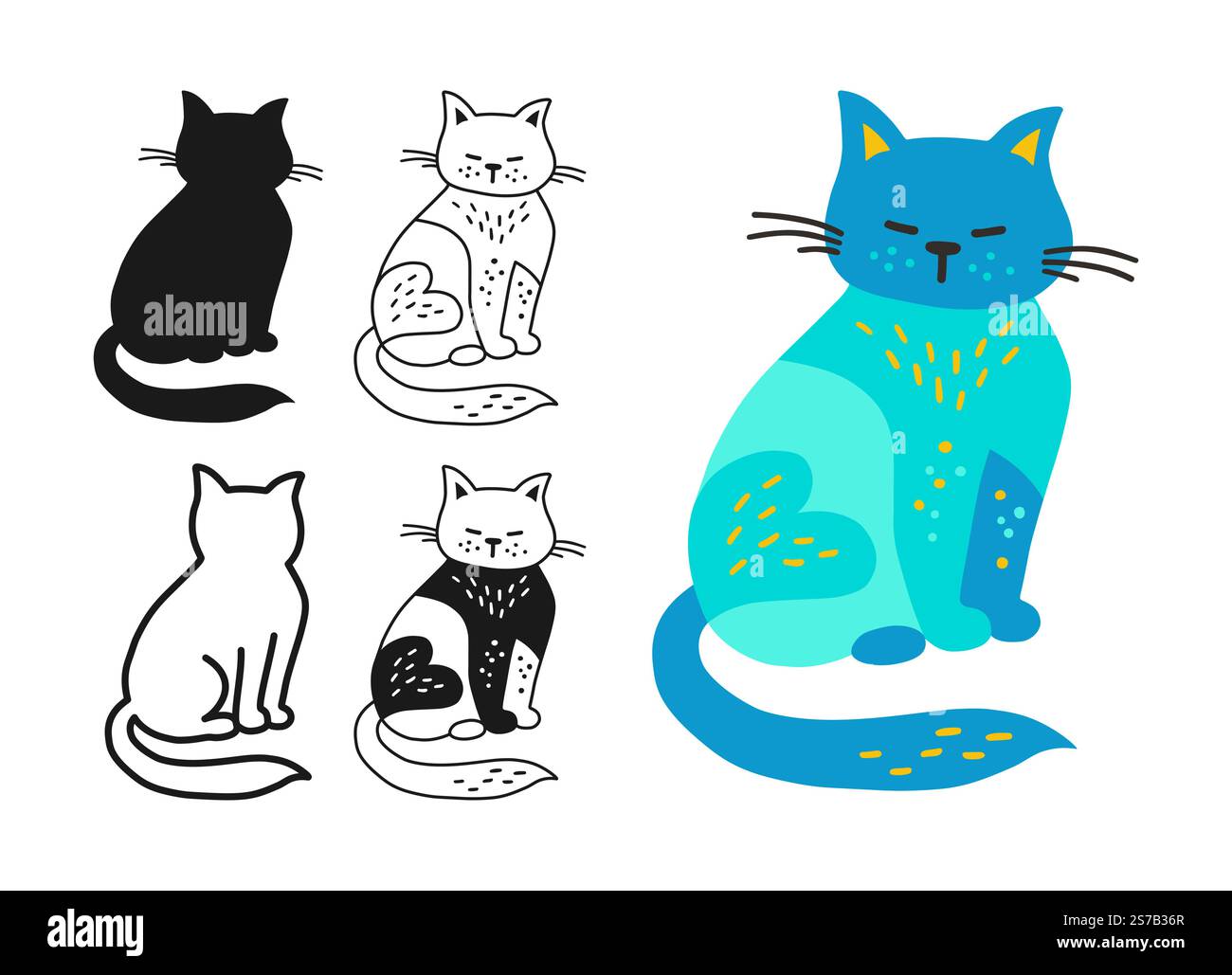 Katzensymbol Zeichentrickset. Abstrakte, handgezeichnete Comic-Kätzchen lineare Ikone. Schild zur Sammlung von Haustieren für Infografik, Website-App. Einfache Schilderkritzelung oder Silhouette lustige Katzen. Vektor-isolierte Abbildung Stock Vektor