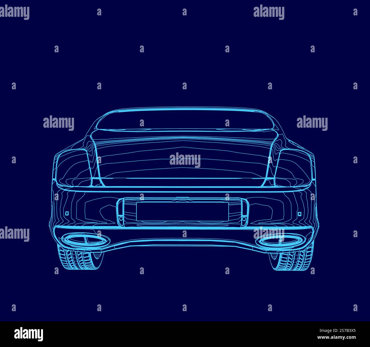 Blaues Auto wird in einer stilisierten 3D-Form angezeigt. Der Wagen ist ein Sportwagen mit einem schlanken Design und einem langen, geschwungenen Heck. Die blaue Farbe des Autos gibt ihm eine se Stock Vektor
