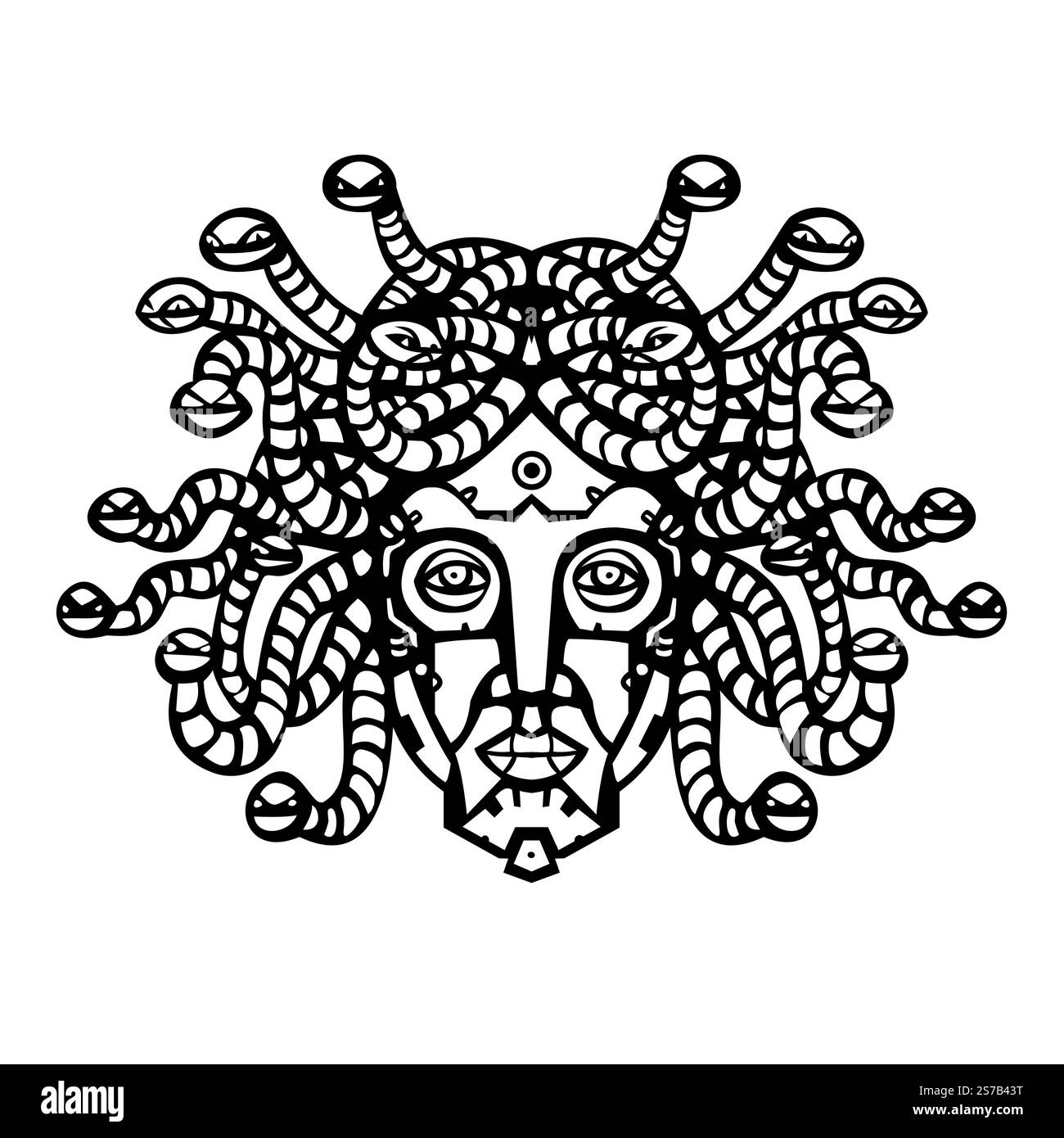 Maskottchen-Illustration des Kopfes eines humanoiden weiblichen Roboters Cyborg wie Medusa oder Gorgo oder der Gorgon mit Roboterschlangen als Haar von vorne auf Isol gesehen Stock Vektor