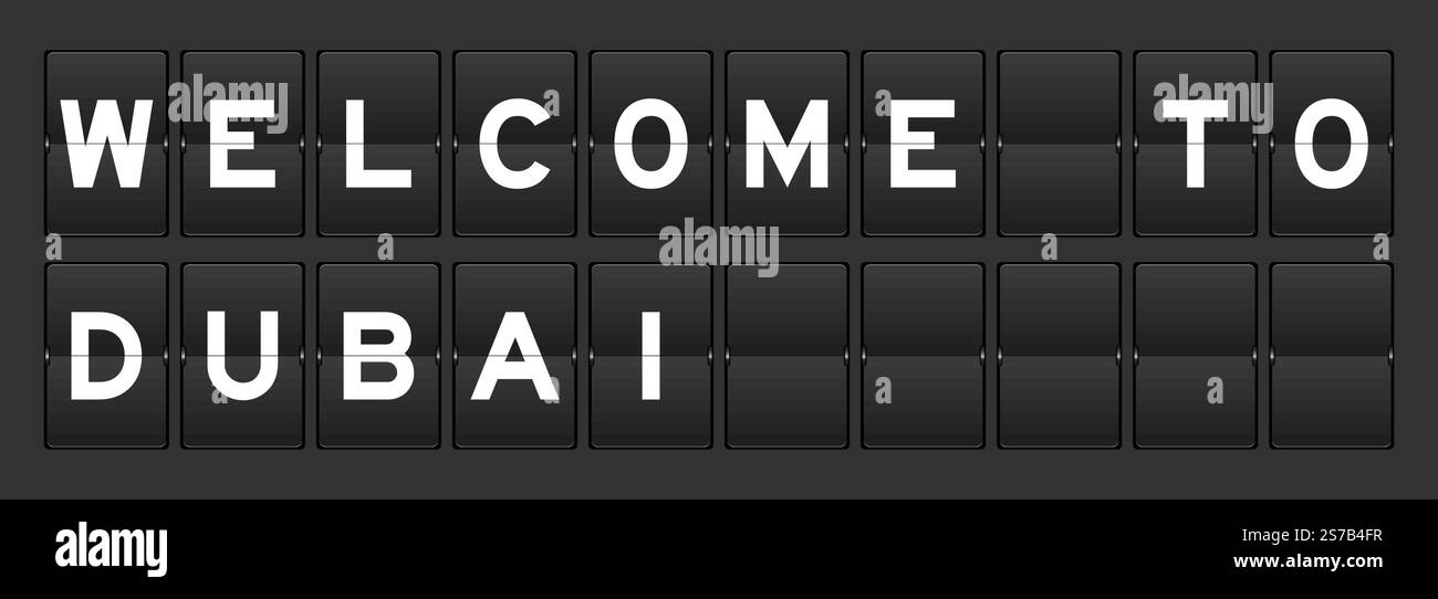 Schwarzes analoges Flipboard mit Wort Willkommen in dubai auf grauem Hintergrund Stock Vektor