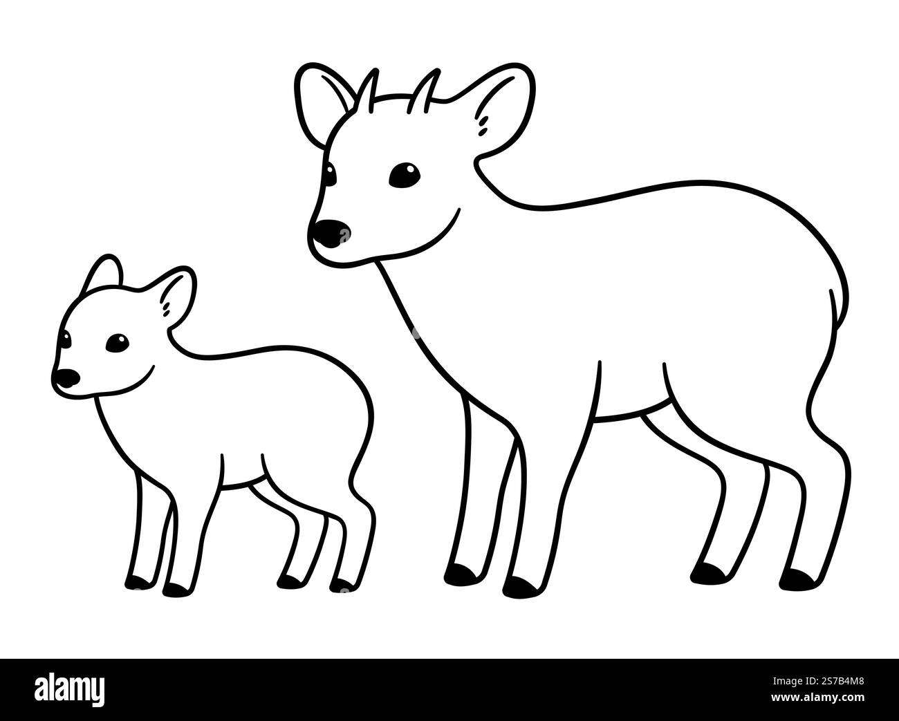 Erwachsener und Baby Pudu, kleiner südamerikanischer Hirsch. Schwarz-weiße Strichgrafik. Niedliche Zeichentrickzeichnung, Vektorillustration. Stock Vektor