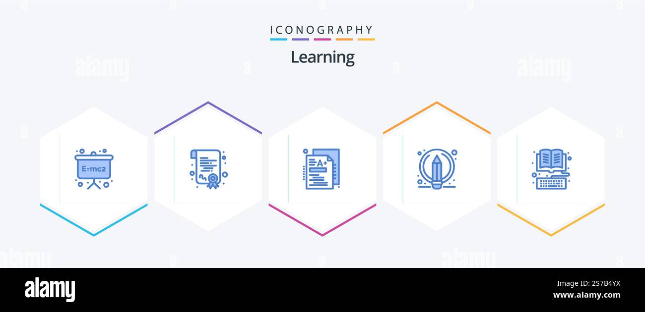 Lernspaß 25 Blue Icon Pack inklusive Bibliothek. e-book. Klasse. Buch. Stift Stock Vektor