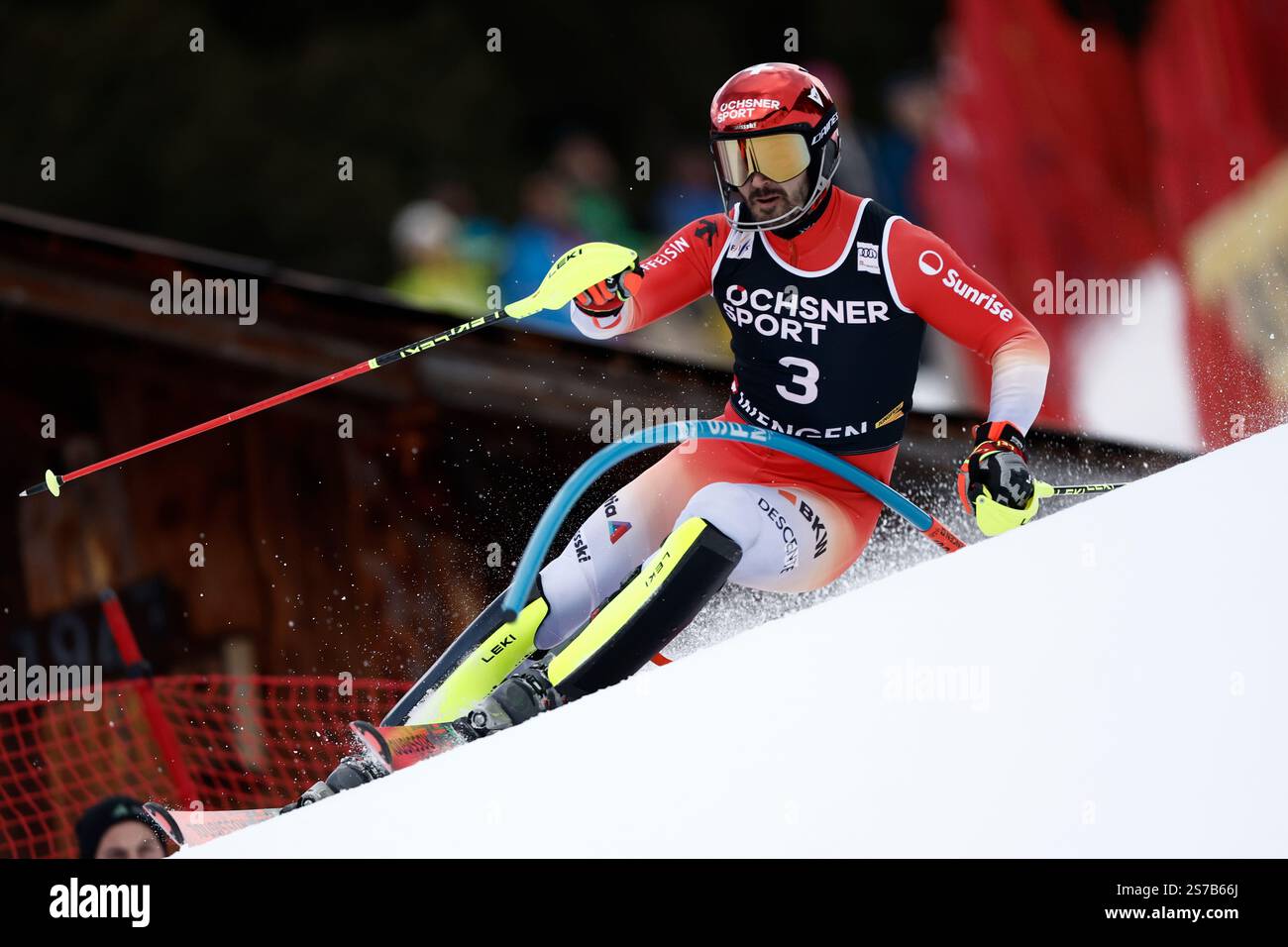 Switzerland's Loic Meillard competes in an alpine ski, men's World Cup slalom, in Wengen, Switzerland, Sunday, Jan. 19, 2025 (AP Photo/Gabriele Facciotti) Stockfoto