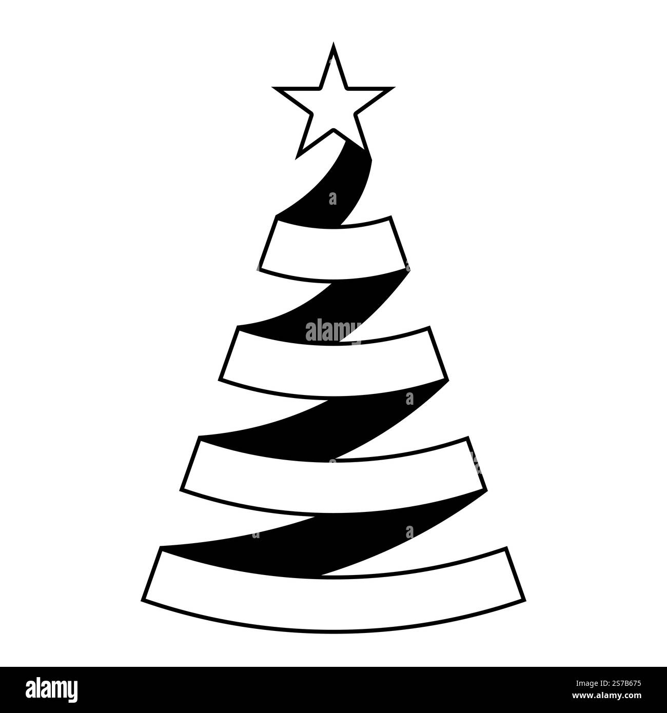 Weihnachtsbaum Spiralband Dekoration, schwarz-weiß stilisierte Illustration eines verzierten Weihnachtsbaums in Form von Band und Stern Stock Vektor