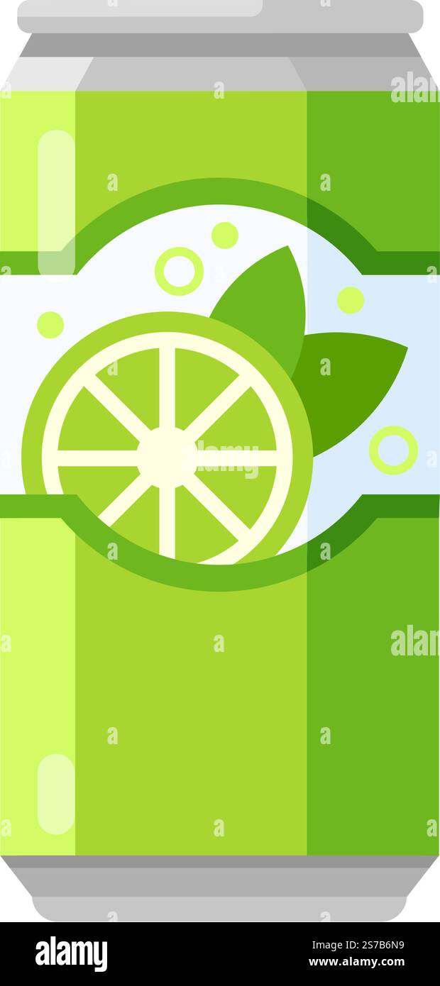 Erfrischende Limonade in einer grünen Aluminiumdose mit Limettenscheibe und Minzblättern, perfekt für einen heißen Sommertag, mit einem kühlen und aromatischen Getränk Stock Vektor