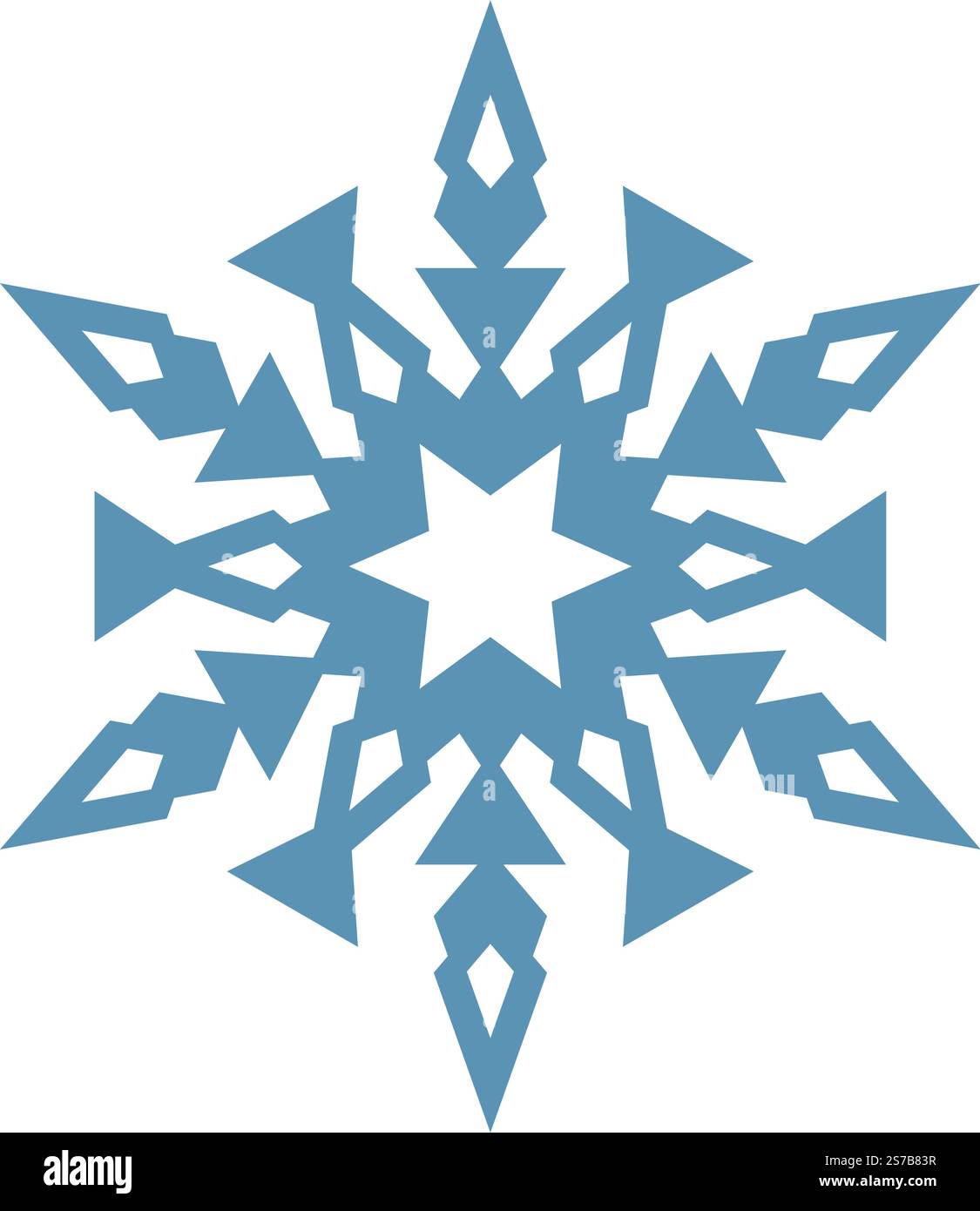 Stilisierte Schneeflocke mit scharfen Kanten und zentraler Sternform, die eine winterliche Atmosphäre aus Kälte und Eis hervorruft, perfekt für Weihnachts- und Feiertagsprojekte Stock Vektor