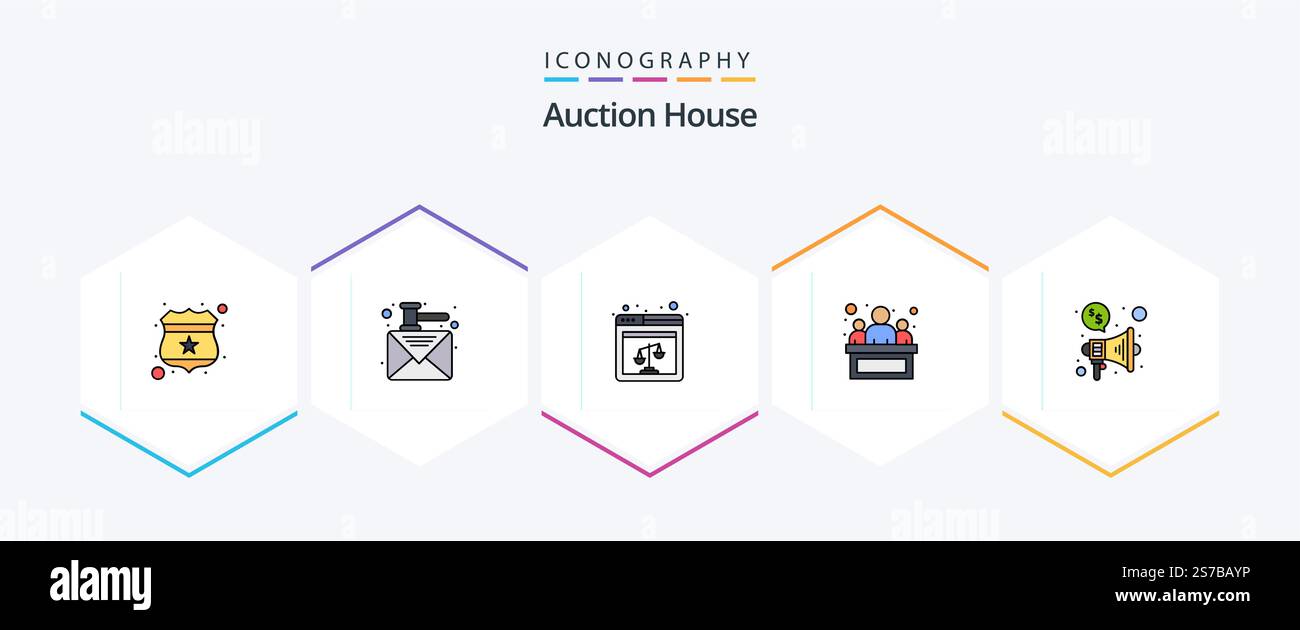 Auktion 25 FilledLine Symbolpaket mit Megafon. Gerechtigkeit. Web. gericht. Gesetz Stock Vektor