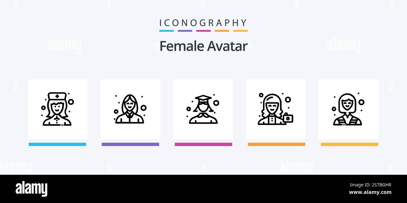 Avatar Line 5 Icon Pack für Damen, einschließlich Golferin für Damen. Golfspieler. Geschäftlich. Golf. Arbeiter. Kreatives Symboldesign Stock Vektor
