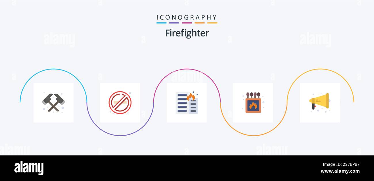 Firefighter Flat 5 Icon Pack mit Megafon. Feld. Feuer! Übereinstimmung. Camping Stock Vektor