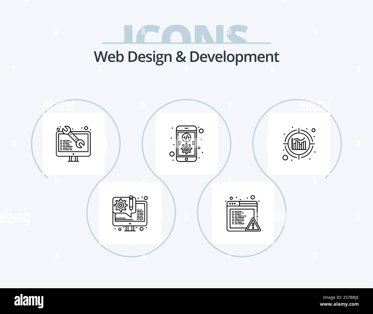 Webdesign Und Entwicklungslinie Icon Pack 5 Icon Design. Agil. Daten. seo. analysen. Web-Entwicklung Stock Vektor