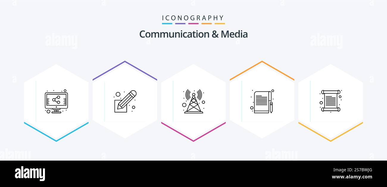 Kommunikations- und Media-25-Line-Symbolpaket einschließlich Einladung. Karte. Signal. Papier. Notizen Stock Vektor