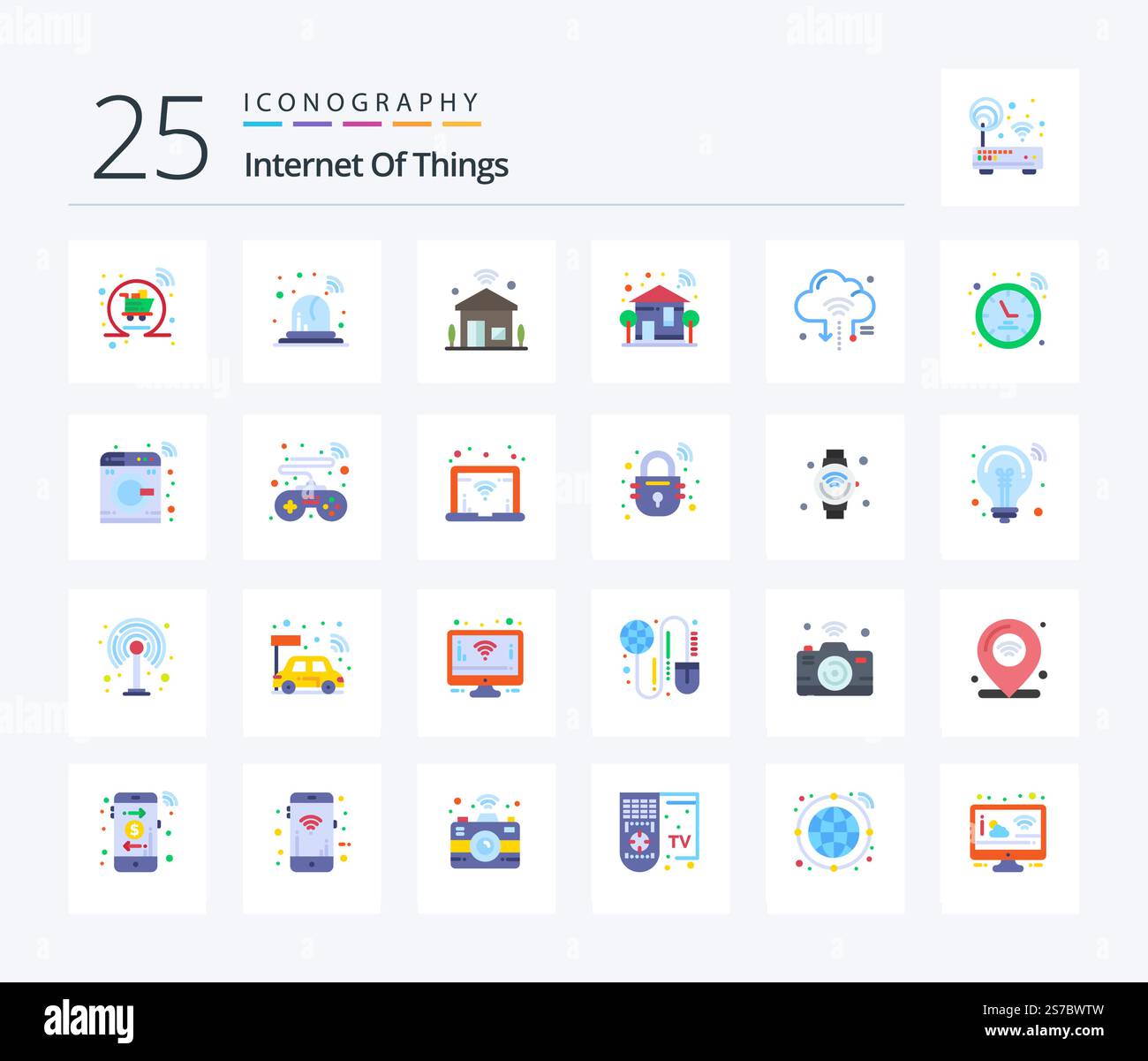 Internet of Things 25 flache Farb-Icons inklusive Internet. wlan. internet. Wechseln. Nach Hause Stock Vektor
