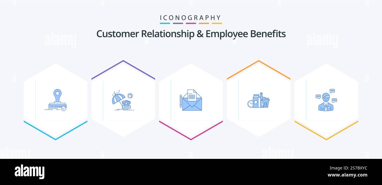Customer Relationship and Employee Benefits 25 Blue Icon Pack inklusive man. Artikel. E-Mail. Milch. Essen Stock Vektor