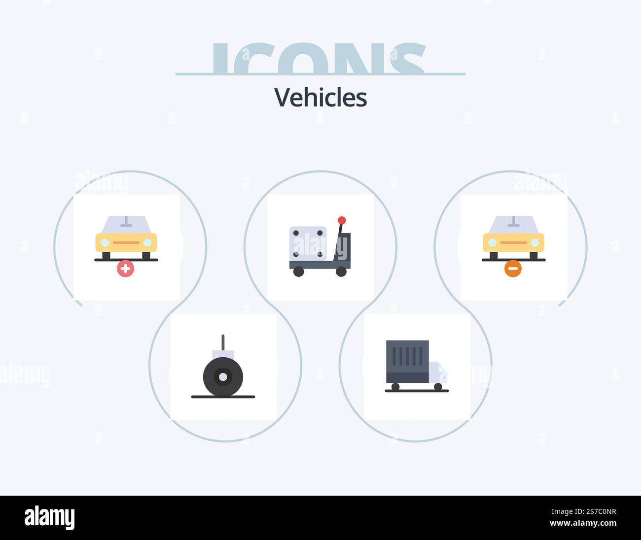 Fahrzeuge Flach Icon Paket 5 Icon Design. Weniger. Auto. Mehr. LKW. Logistisch Stock Vektor