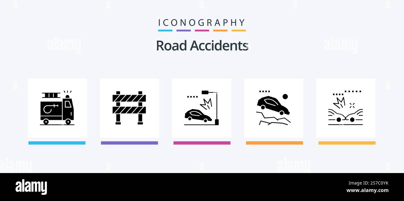 Autounfälle Glyph 5 Icon Pack inklusive Auto. Ich Falle hin. Im Bau. Auto. lampenpfosten. Kreatives Symboldesign Stock Vektor