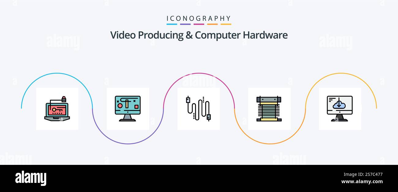 Videoproduktion und Computer Hardware Line Filled Flat 5 Symbolpaket mit Lüfter. Kühlung. Grafiken. Kühler. Kommunikation Stock Vektor