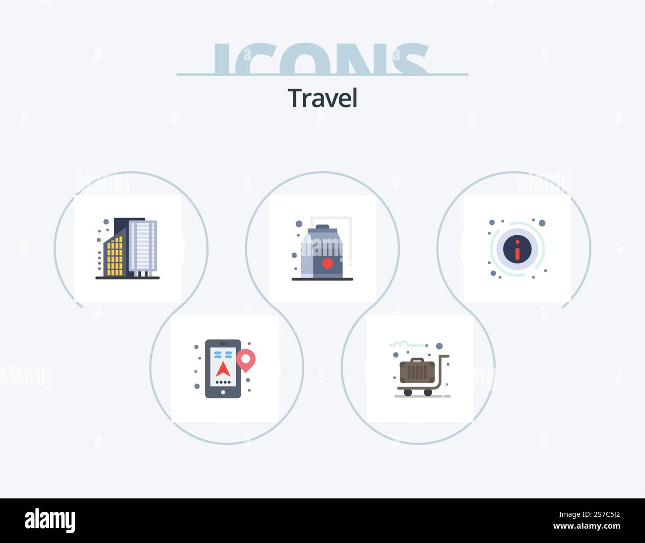 Travel Flat Icon Pack 5 Icon Design. Details. Produkte. Gebäude. Lebensmittel. Infrastruktur Stock Vektor